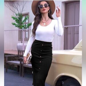 Knit Skirt with Button Front Lightweight Rib High Waisted Skirt